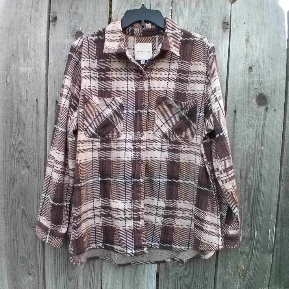 CASA CABANA BUTTON SHIRT WOMEN XXL BROWN PLAID FLANNEL COLLARED HOLIDAY BUTTON